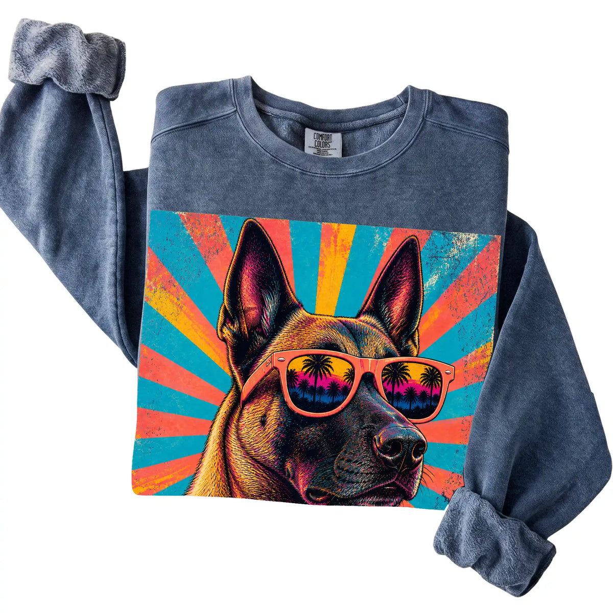 Folded Denim Comfort Colors sweatshirt with a Retro Belgian Malinois Mama design