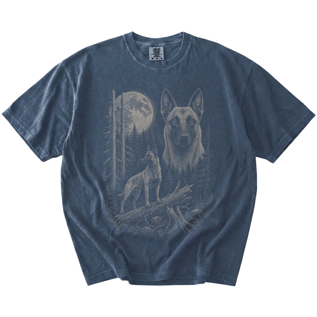 Denim Belgian Malinois Moonlit Forest T-Shirt laid flat