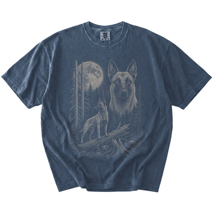 Denim Belgian Malinois Moonlit Forest T-Shirt laid flat