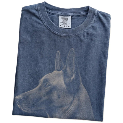 Folded Denim Comfort Colors® T-shirt showing a detailed photographic portrait of a Belgian Malinois