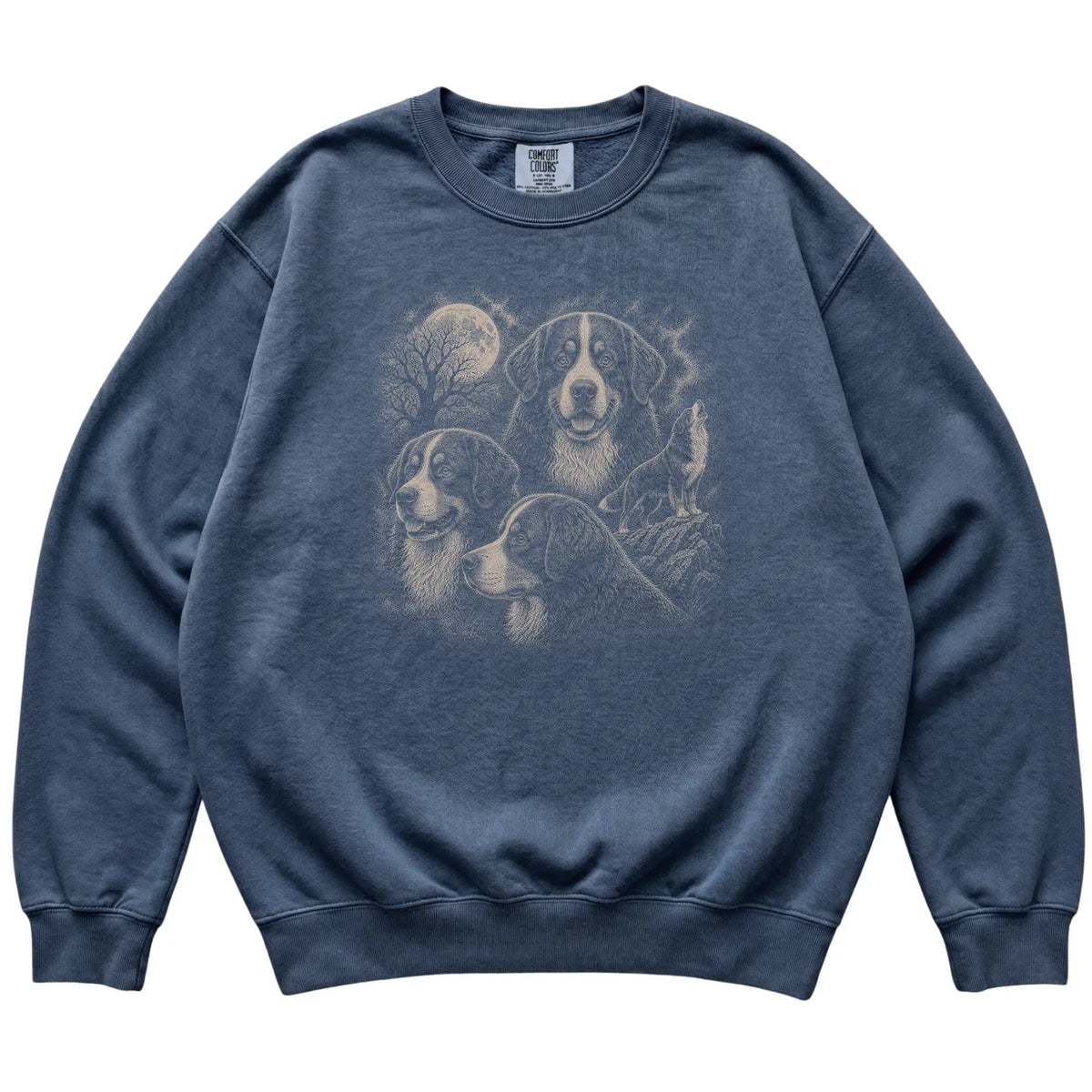 Bernese Mountain Dog 90s Moon Sweatshirt in Denim — flat lay