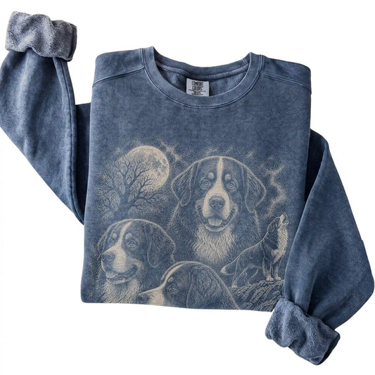 Denim Comfort Colors sweatshirt featuring a Bernese Mountain Dog 1990s moon design