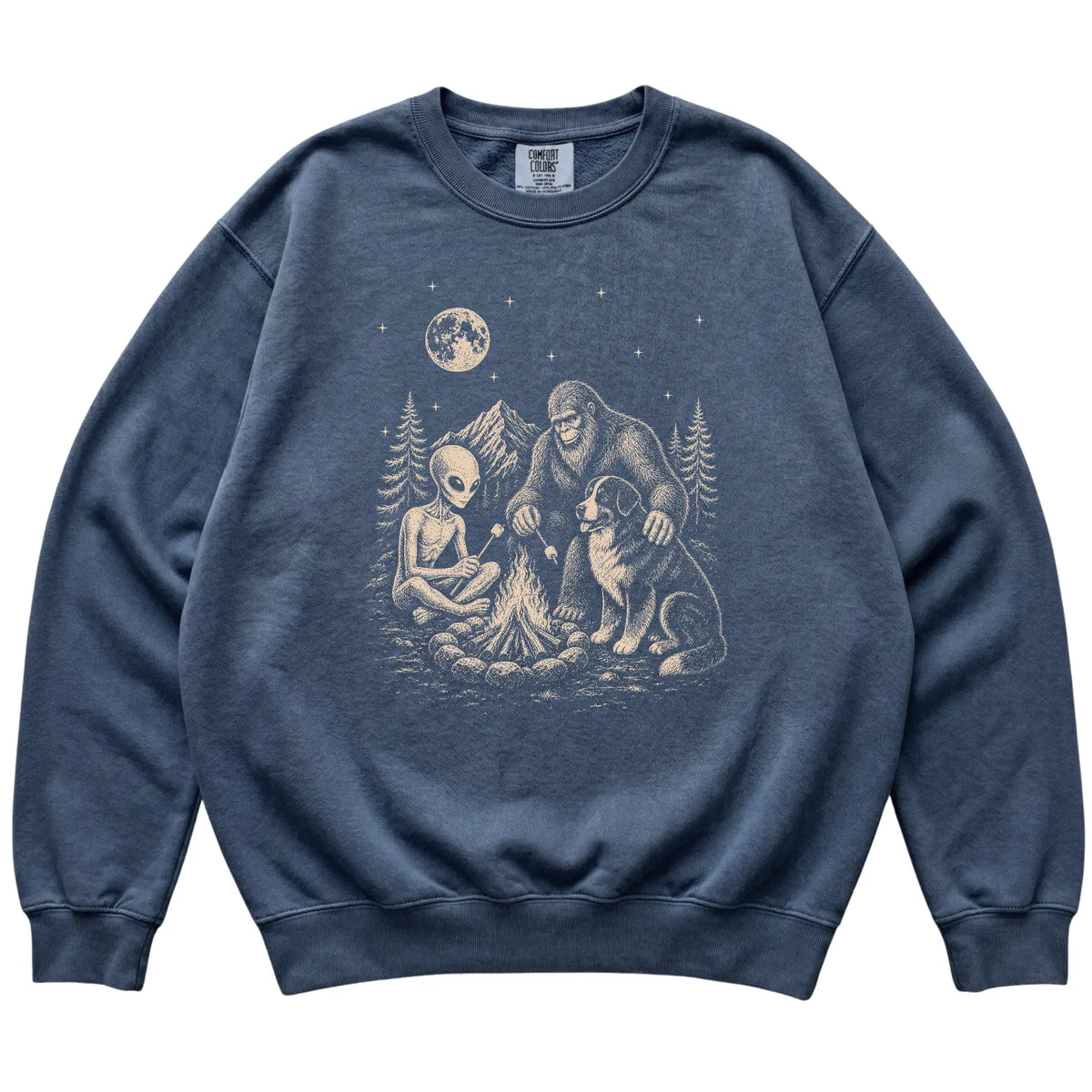 Denim Bernese Mountain Dog Camping with Bigfoot and Alien shirt laid flat