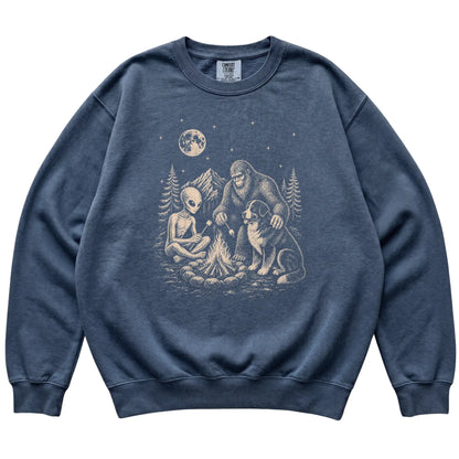 Denim Bernese Mountain Dog Camping with Bigfoot and Alien shirt laid flat