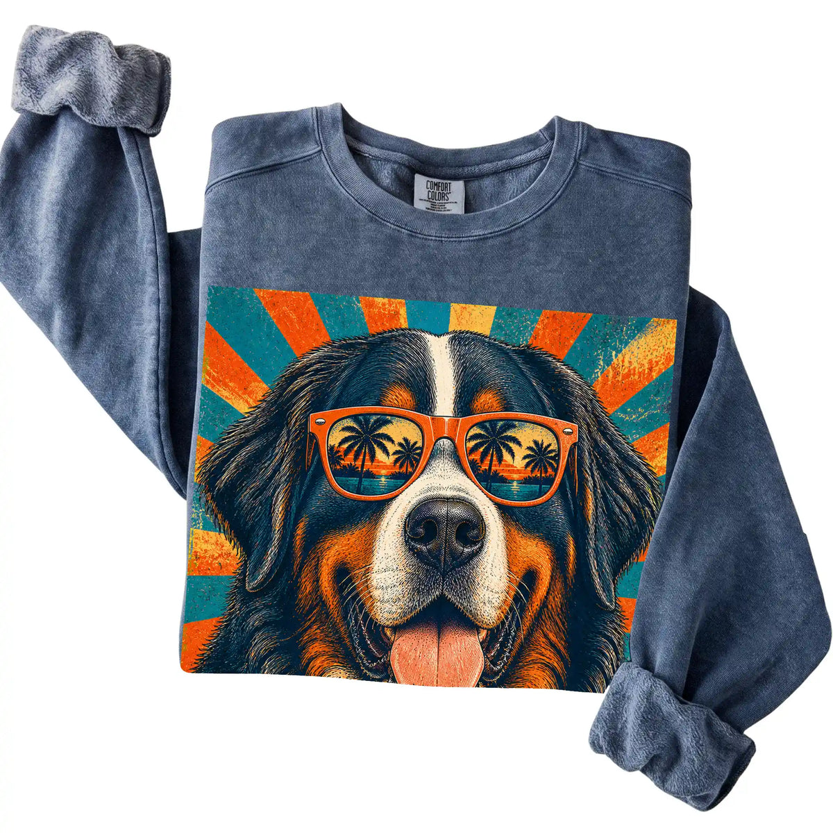 Folded Denim Comfort Colors sweatshirt with a Retro Bernese Mountain Dog Dad design