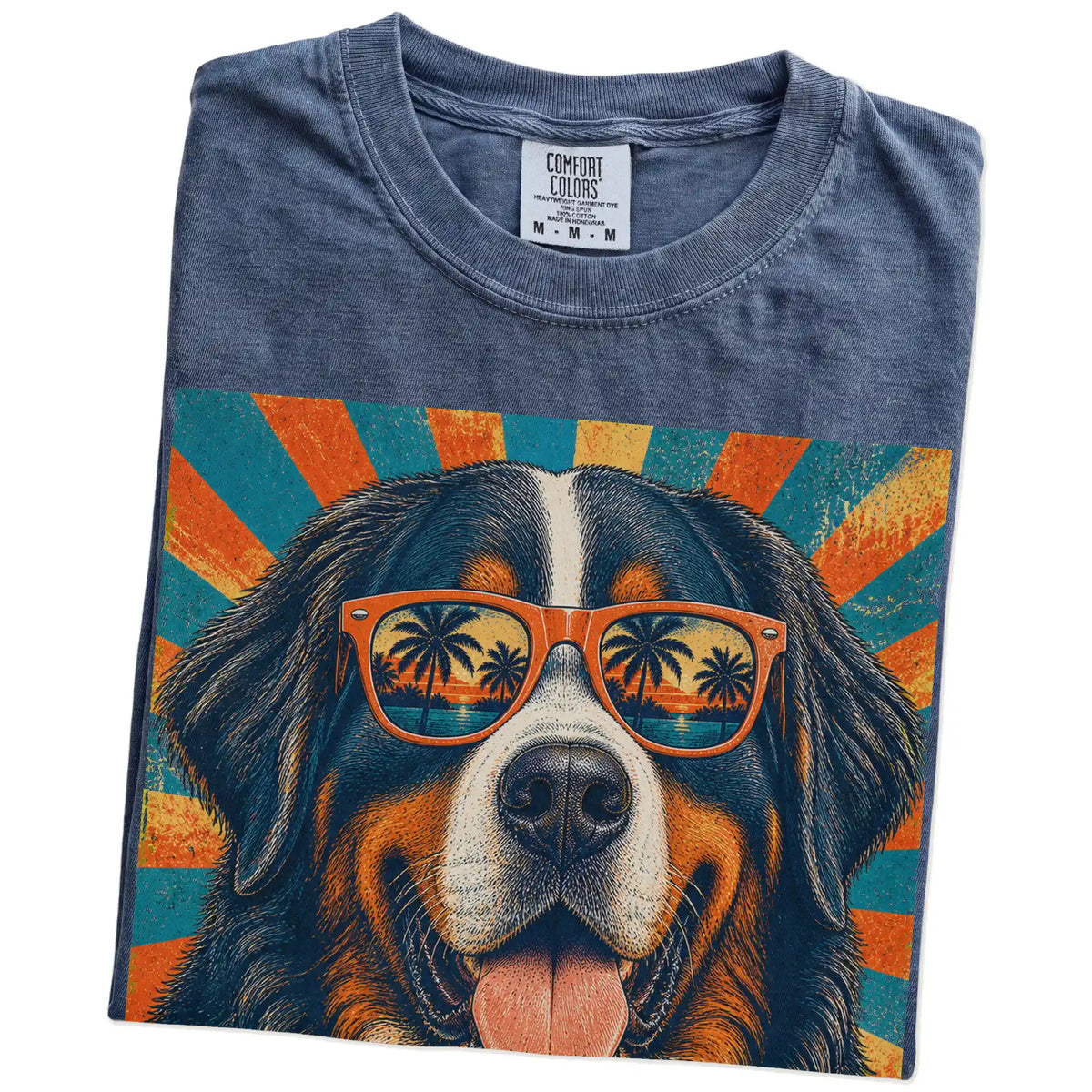 Retro Bernese Mountain Dog Dad design on a Denim Comfort Colors T-shirt folded detail