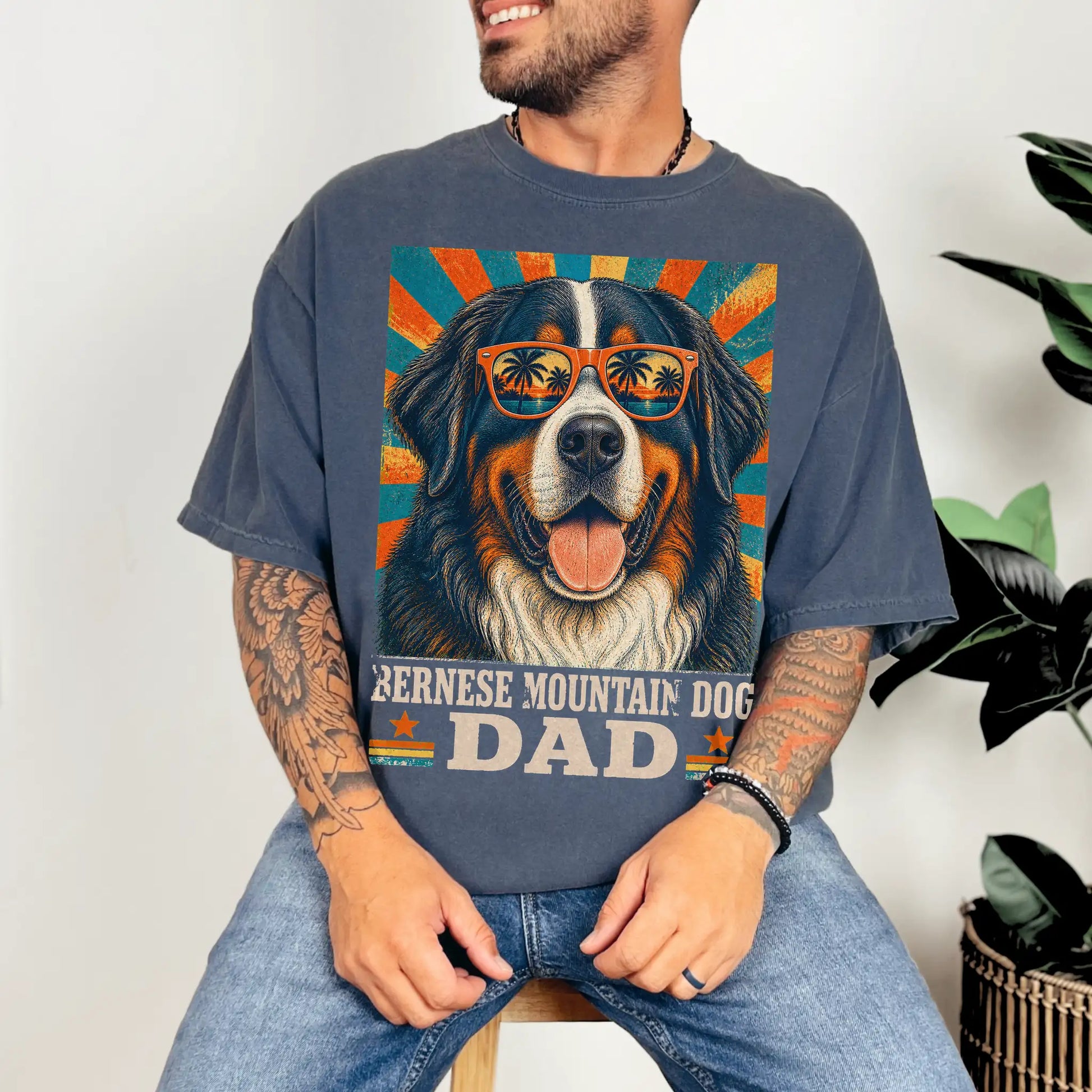 Retro Bernese Mountain Dog Dad design on a Denim Comfort Colors T-shirt worn by a model