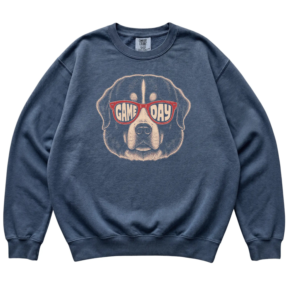 Denim Bernese Mountain Dog Game Day Sunglasses sweatshirt, laid flat
