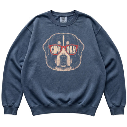 Denim Bernese Mountain Dog Game Day Sunglasses sweatshirt, laid flat