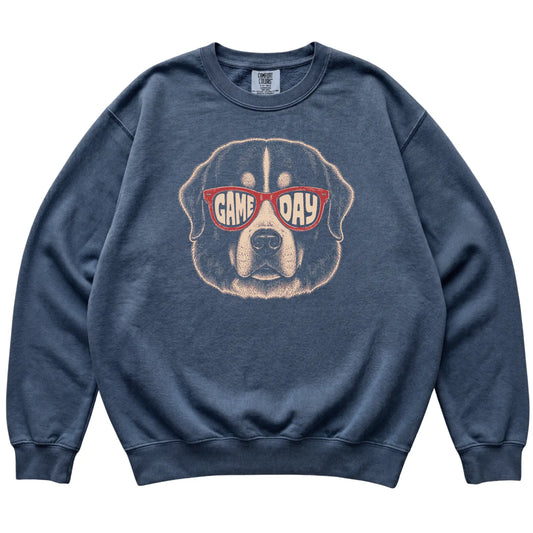 Denim Bernese Mountain Dog Game Day Sunglasses sweatshirt, laid flat