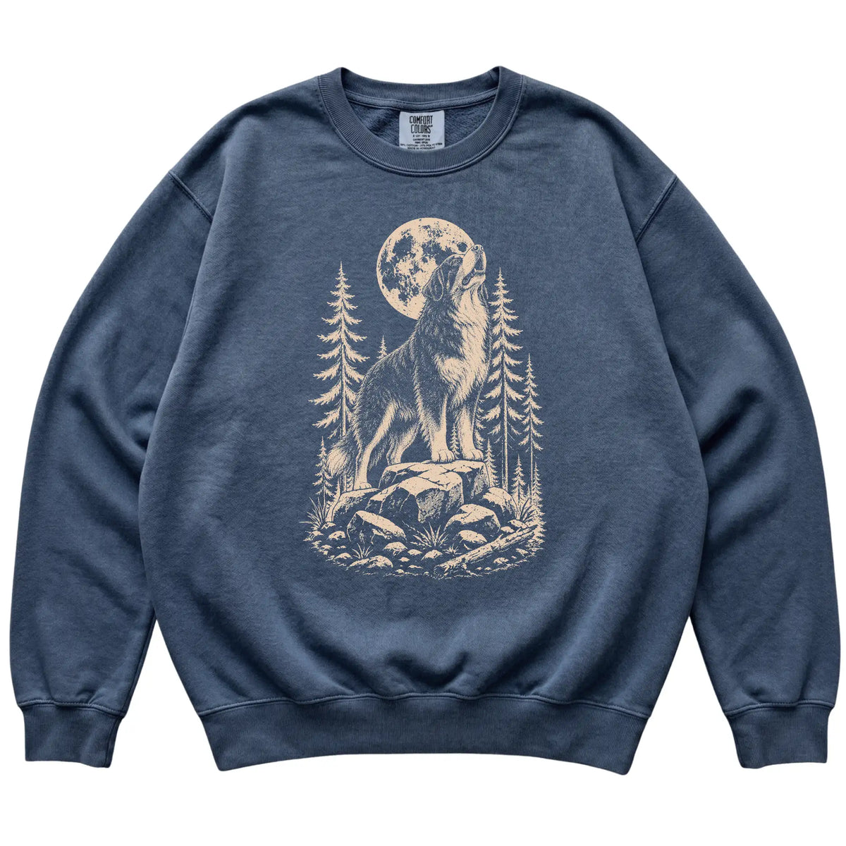 Close view of Bernese Mountain Dog Howling at the Moon artwork on Denim Comfort Colors sweatshirt