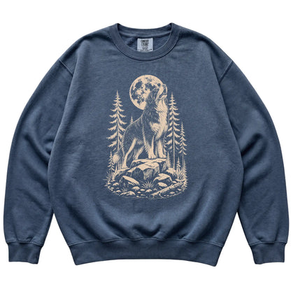 Close view of Bernese Mountain Dog Howling at the Moon artwork on Denim Comfort Colors sweatshirt