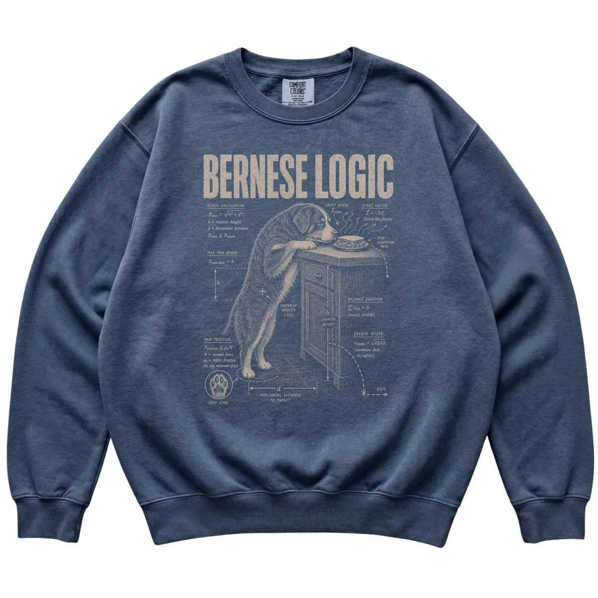 Denim Bernese Mountain Dog Logic sweatshirt laid flat