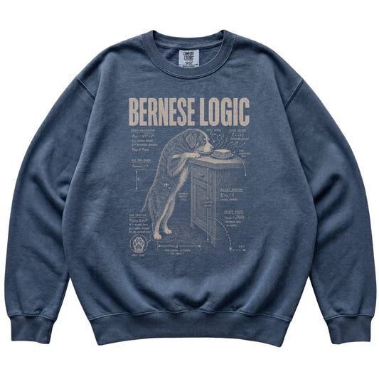 Denim Bernese Mountain Dog Logic sweatshirt laid flat