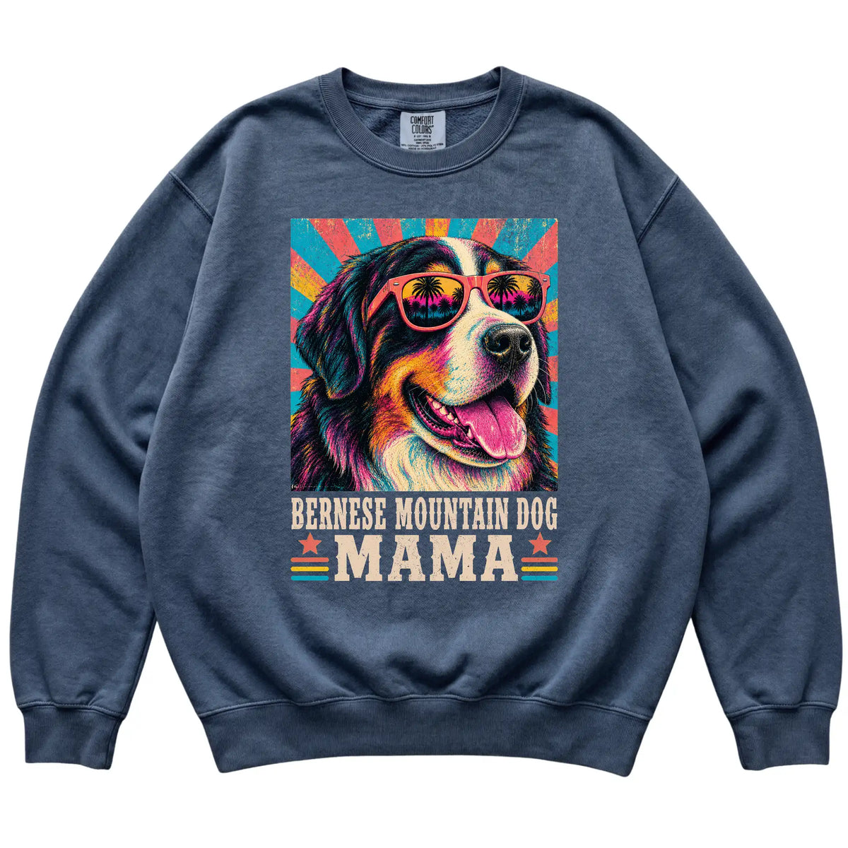 Retro Bernese Mountain Dog Mama design on a Denim Comfort Colors sweatshirt