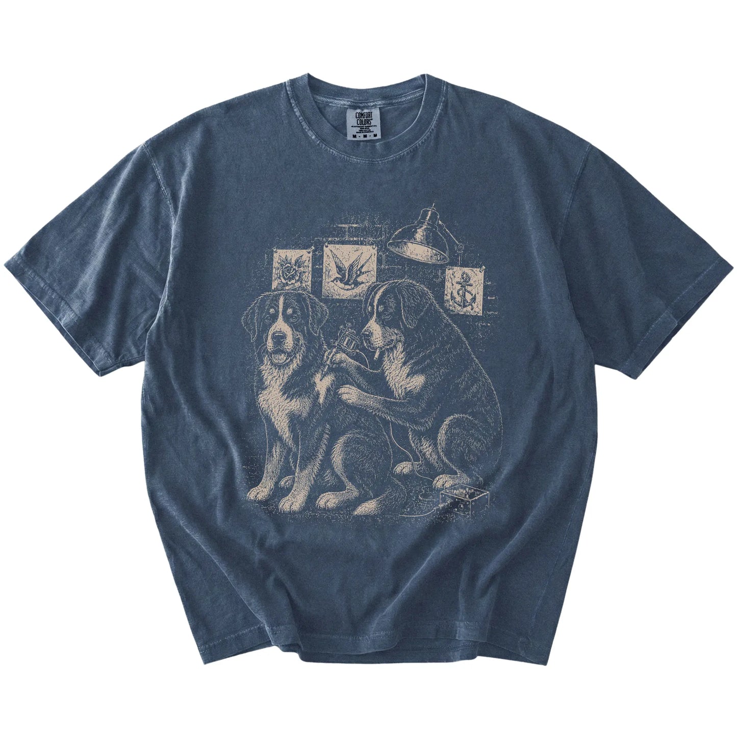Denim Bernese Mountain Dog Tattoo t-shirt laid flat
