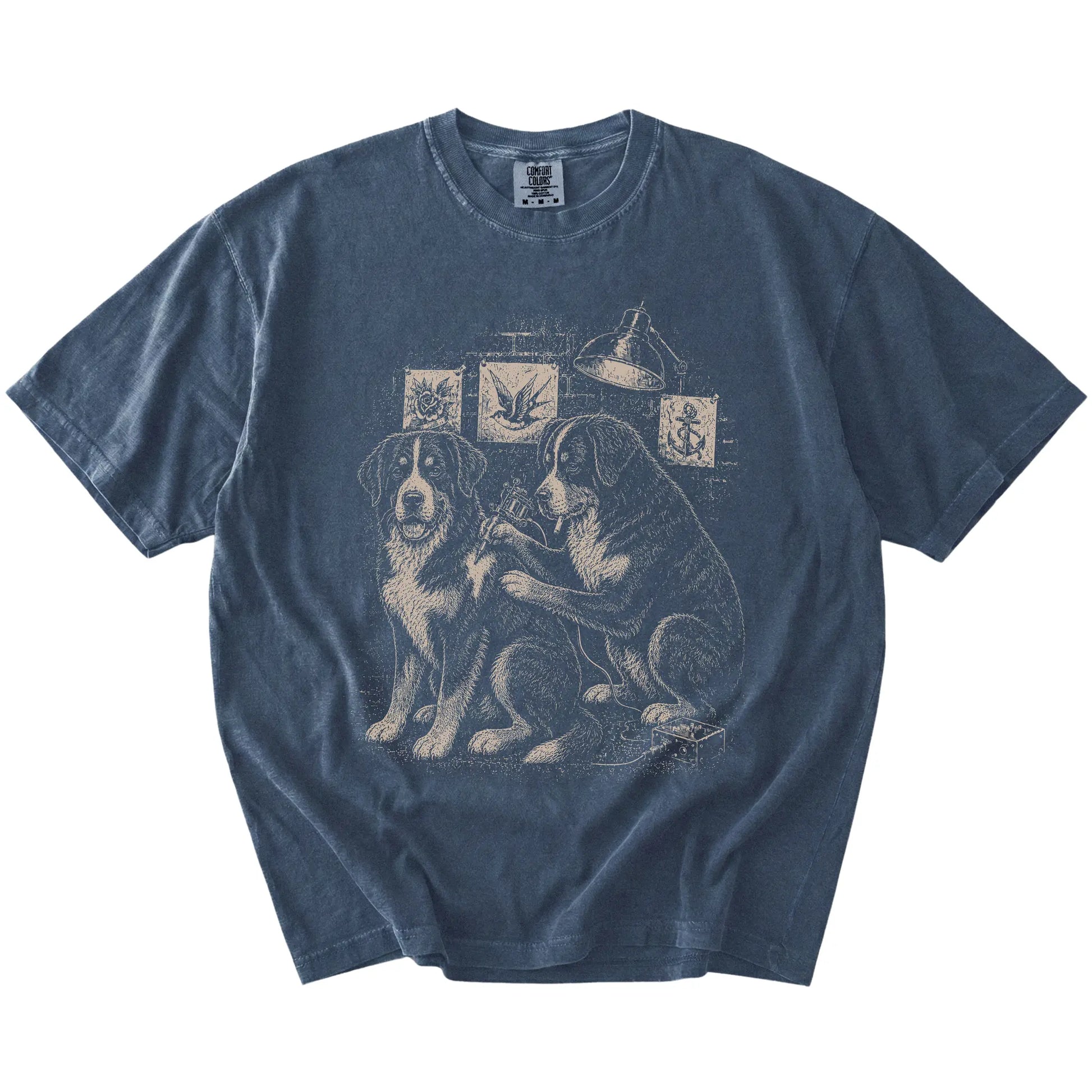 Denim Bernese Mountain Dog Tattoo t-shirt laid flat
