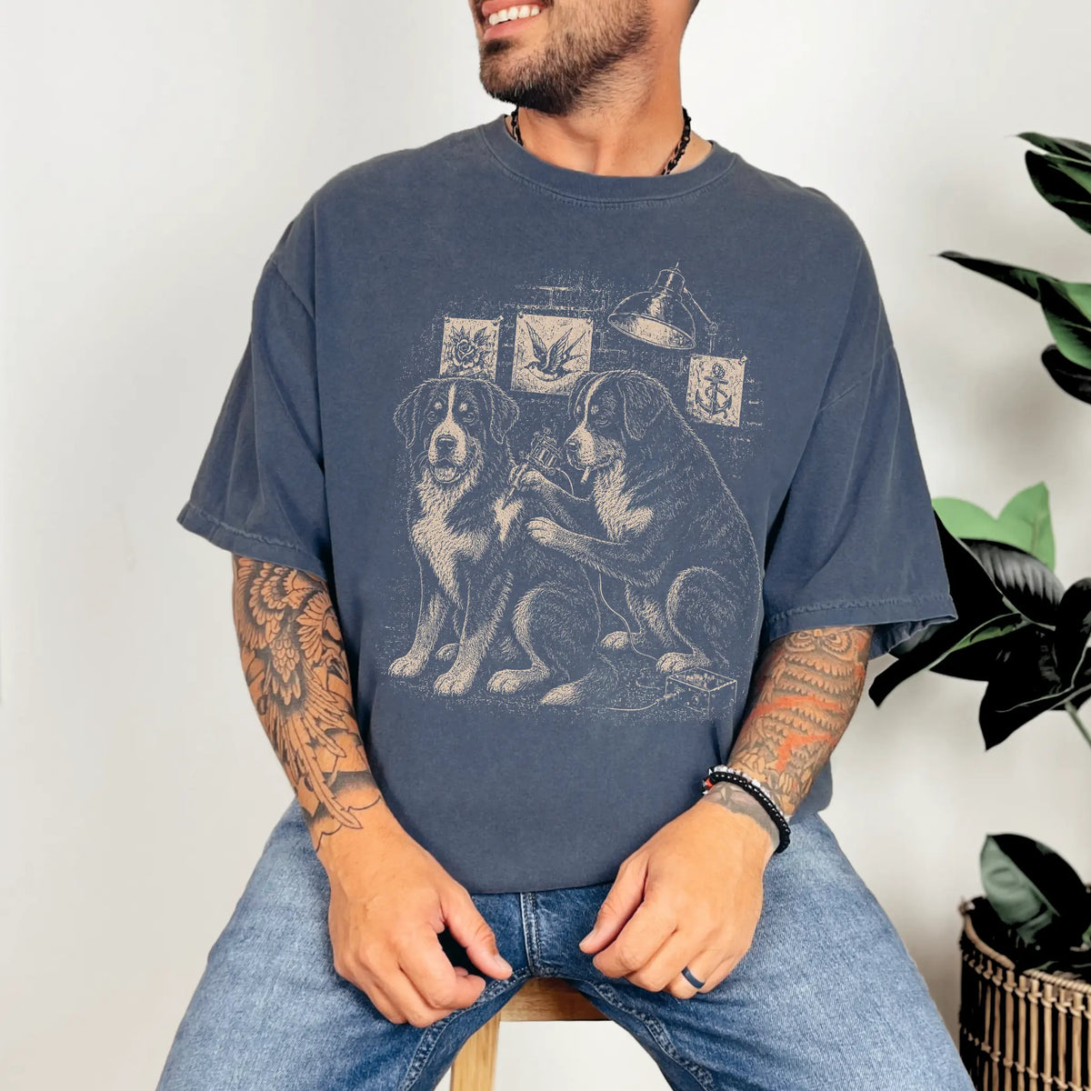 Person wearing a Denim Bernese Mountain Dog Tattoo t-shirt