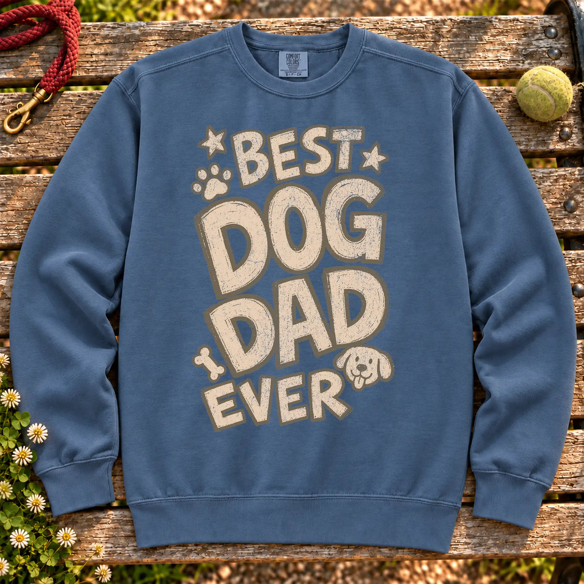 Best Dog Dad Ever on a Denim crewneck sweatshirt, shown flat