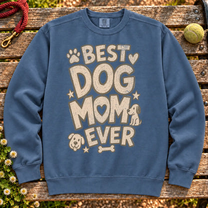 Best Dog Mom Ever on a Denim crewneck sweatshirt, shown flat