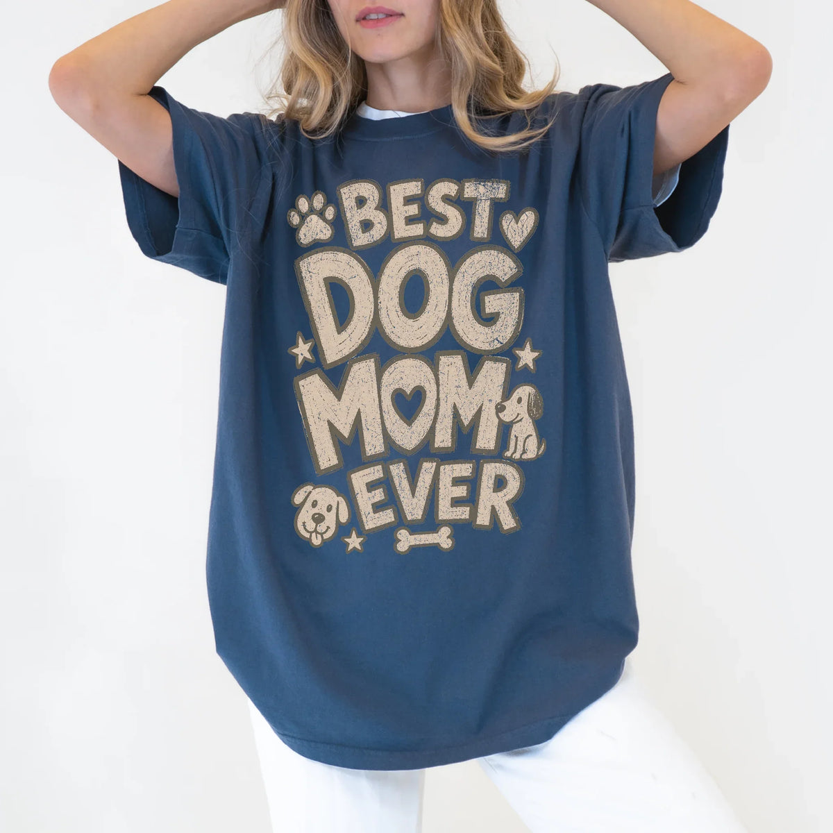 Model wearing a Denim Comfort Colors® T-shirt with best dog mom ever lettering