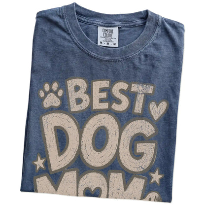 Folded Denim Comfort Colors® T-shirt showing best dog mom ever lettering