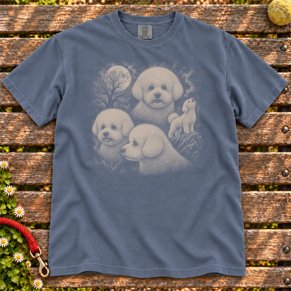 Bichon Frise 90s Moon design on a Denim T-shirt shown flat