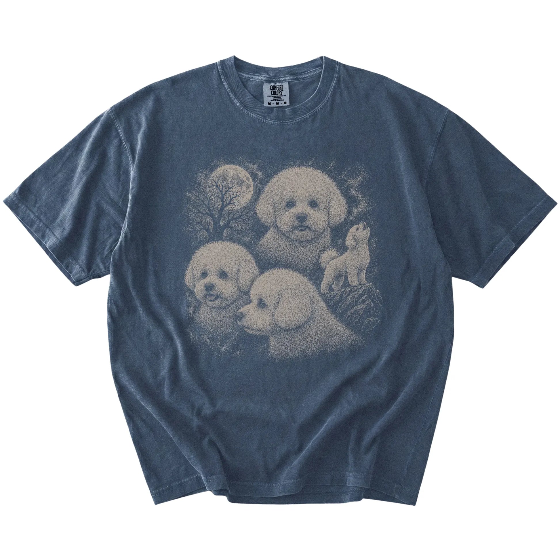 Vintage moon montage featuring Bichon Frise on a Denim Comfort Colors® T-shirt