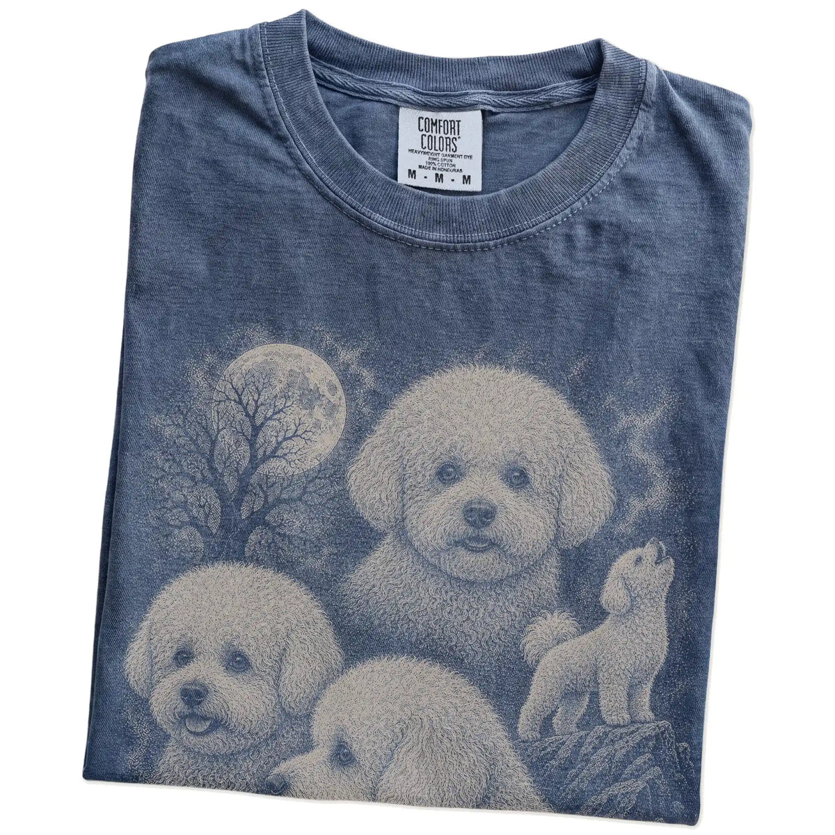Folded Denim Comfort Colors® T-shirt showing a vintage moon montage featuring Bichon Frise