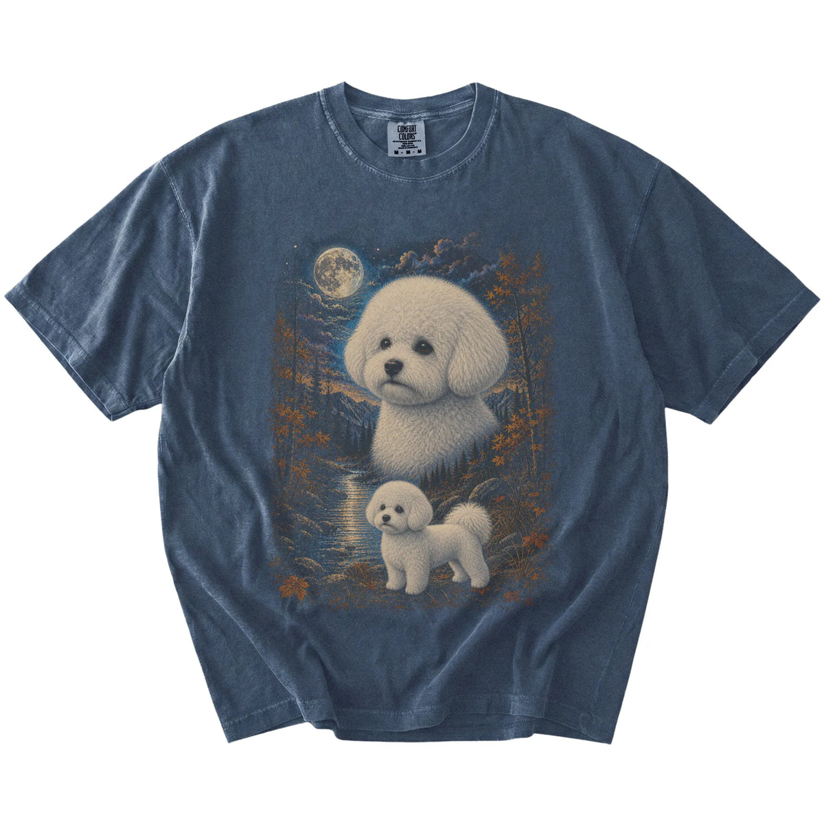 denim T-shirt with Bichon Frise Autumn Moon artwork.