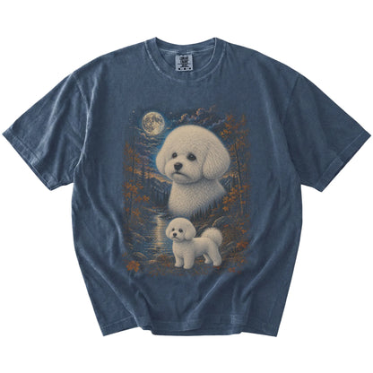 denim T-shirt with Bichon Frise Autumn Moon artwork.