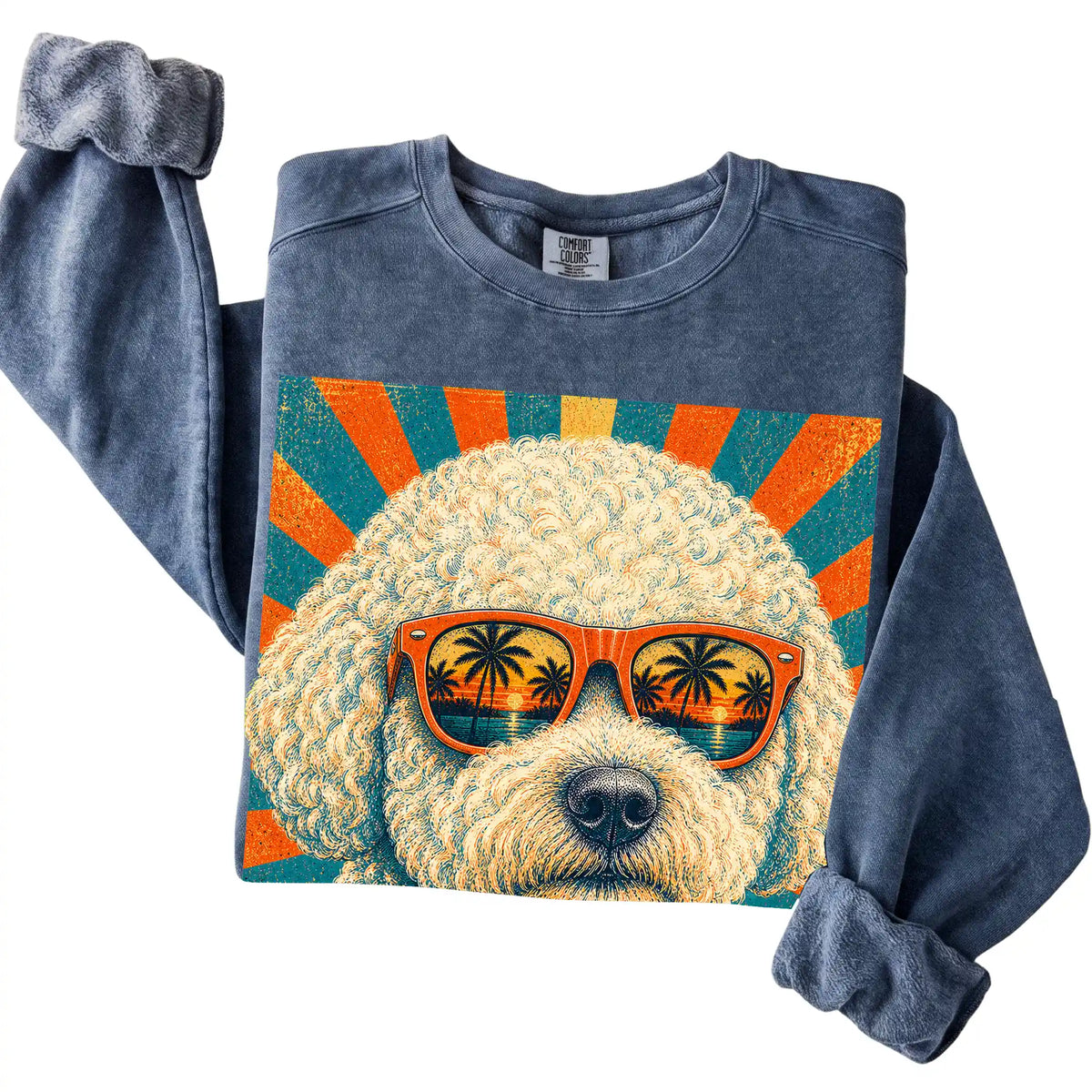 Folded Denim Comfort Colors sweatshirt with a Retro Bichon Frise Dad design