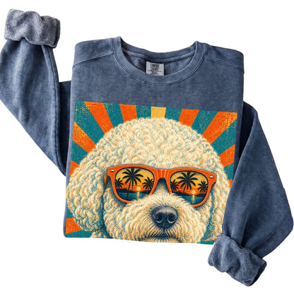 Folded Denim Comfort Colors sweatshirt with a Retro Bichon Frise Dad design