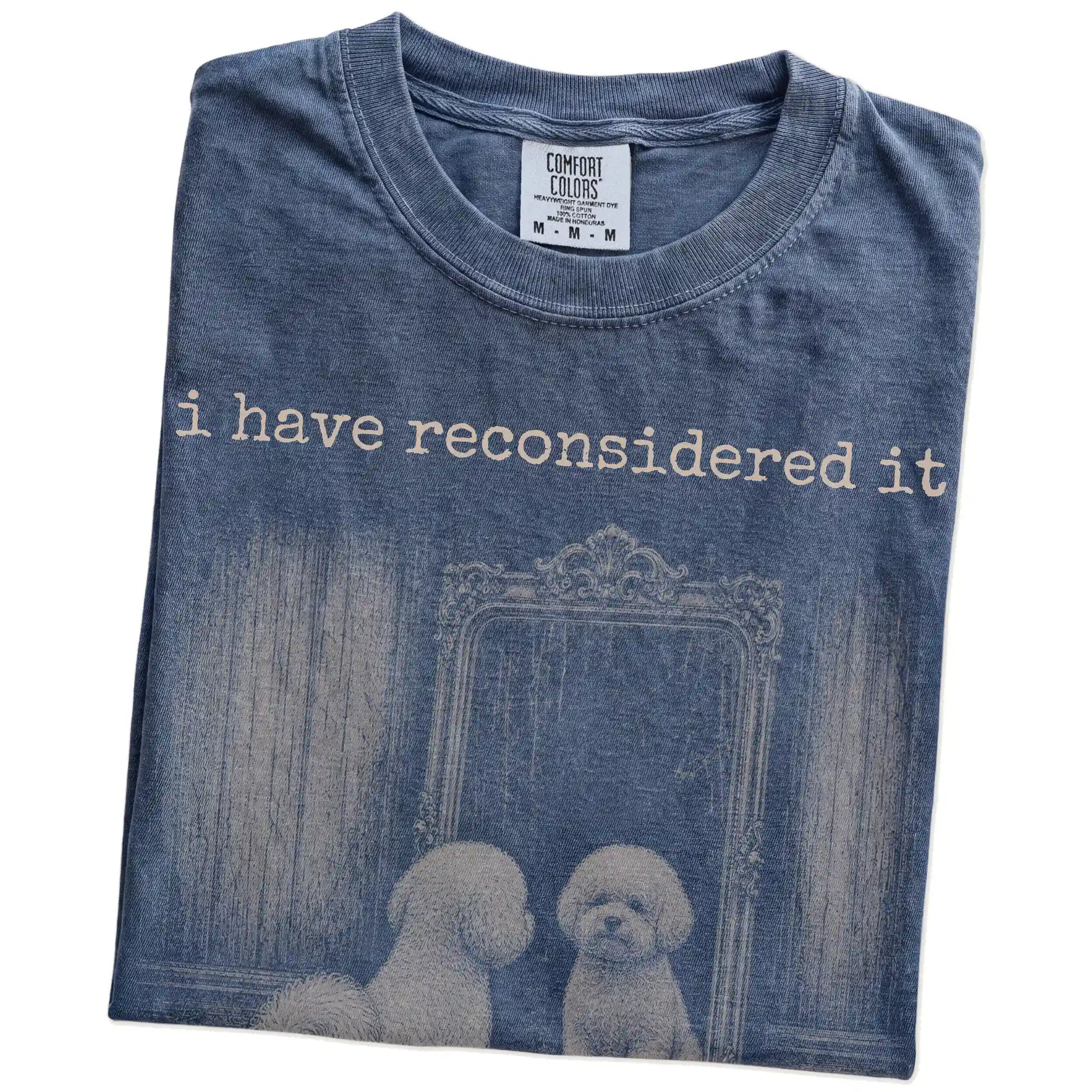Folded Denim Comfort Colors® T-shirt showing “the answer is still no” bichon frise design