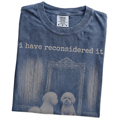 Folded Denim Comfort Colors® T-shirt showing “the answer is still no” bichon frise design