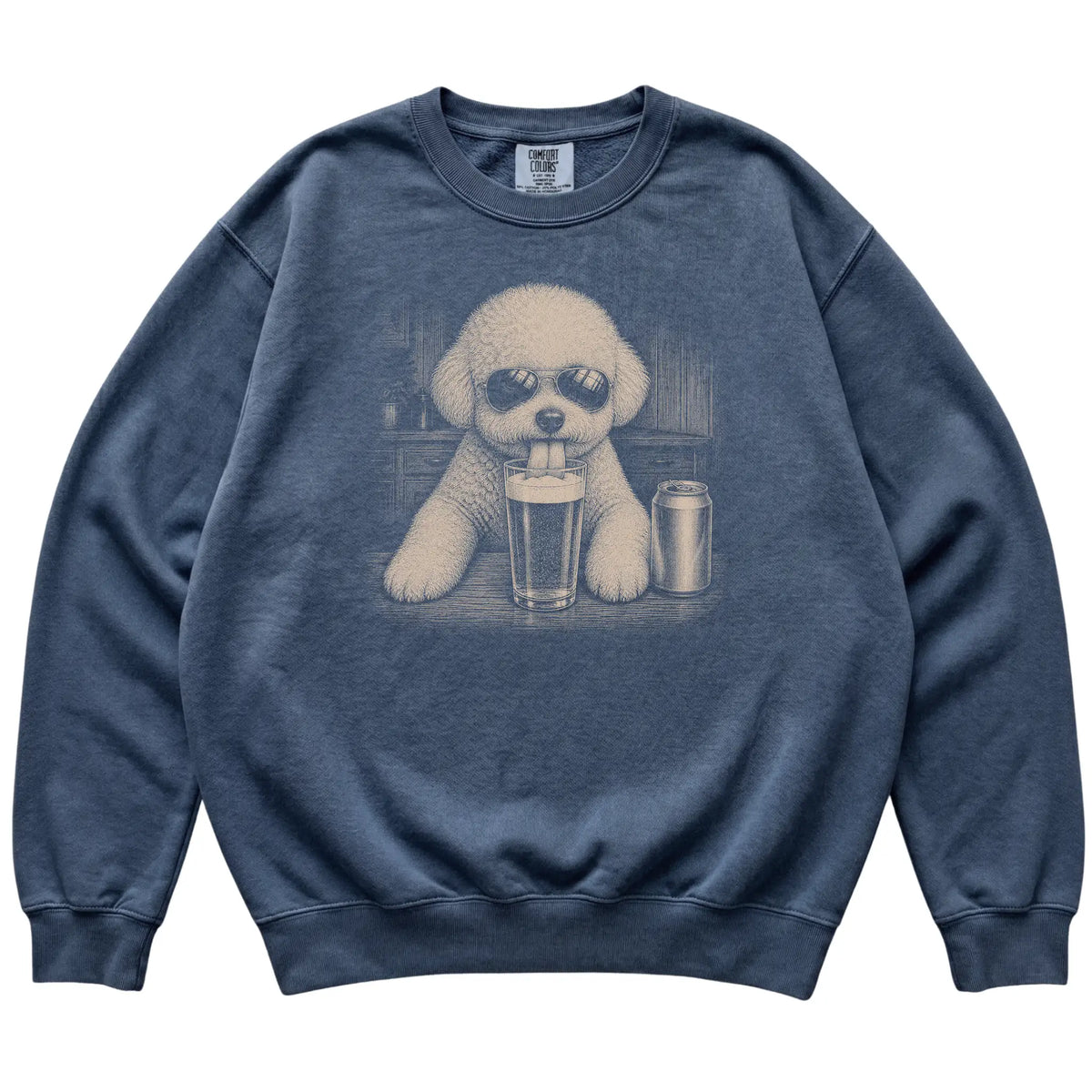 Denim Bichon Frise drinking from a pint at a bar, laid flat