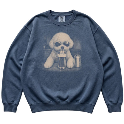 Denim Bichon Frise drinking from a pint at a bar, laid flat