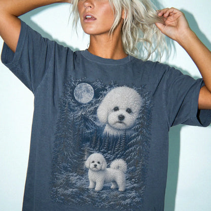 Person wearing a Denim Bichon Frise winter forest t-shirt