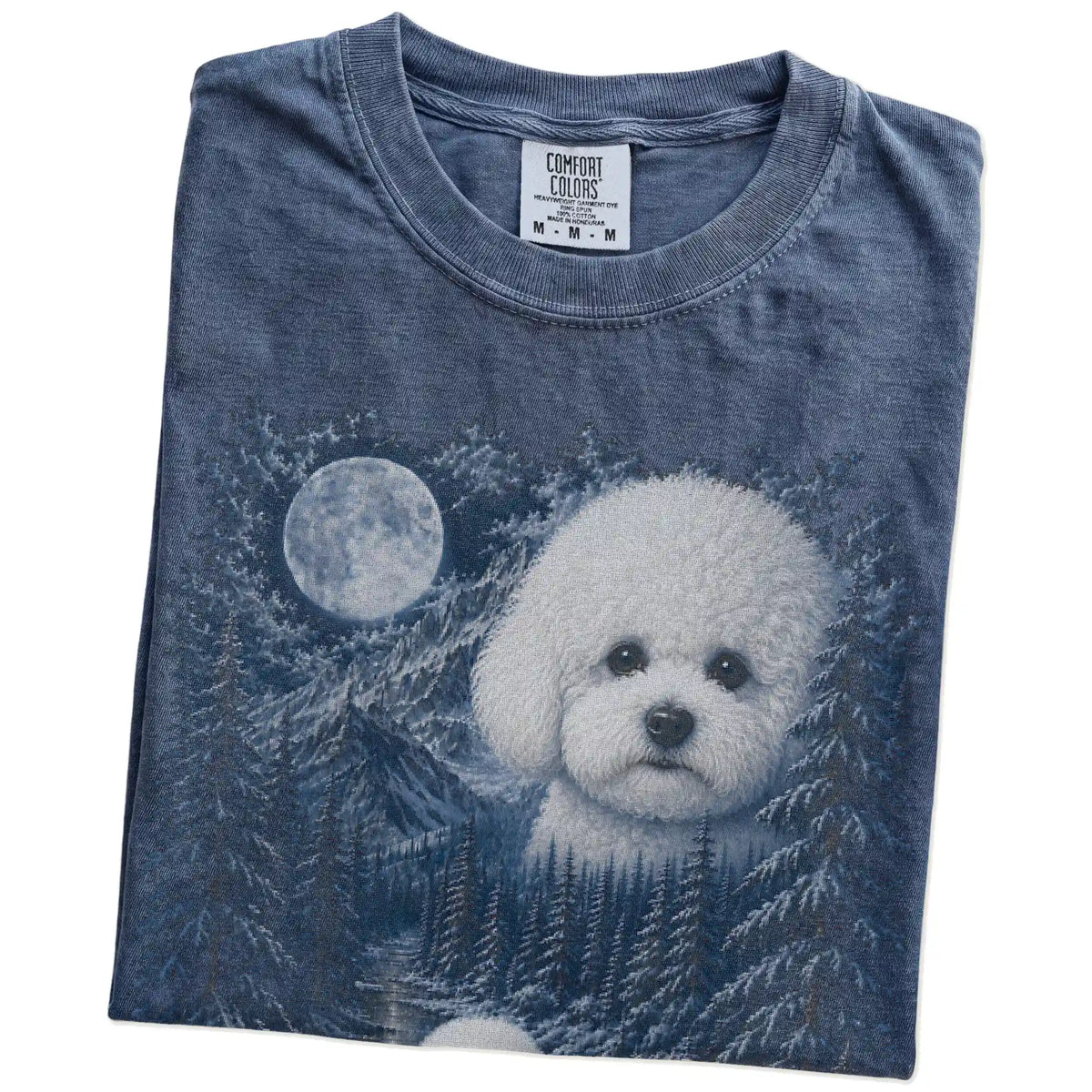 Folded Denim Bichon Frise winter forest t-shirt