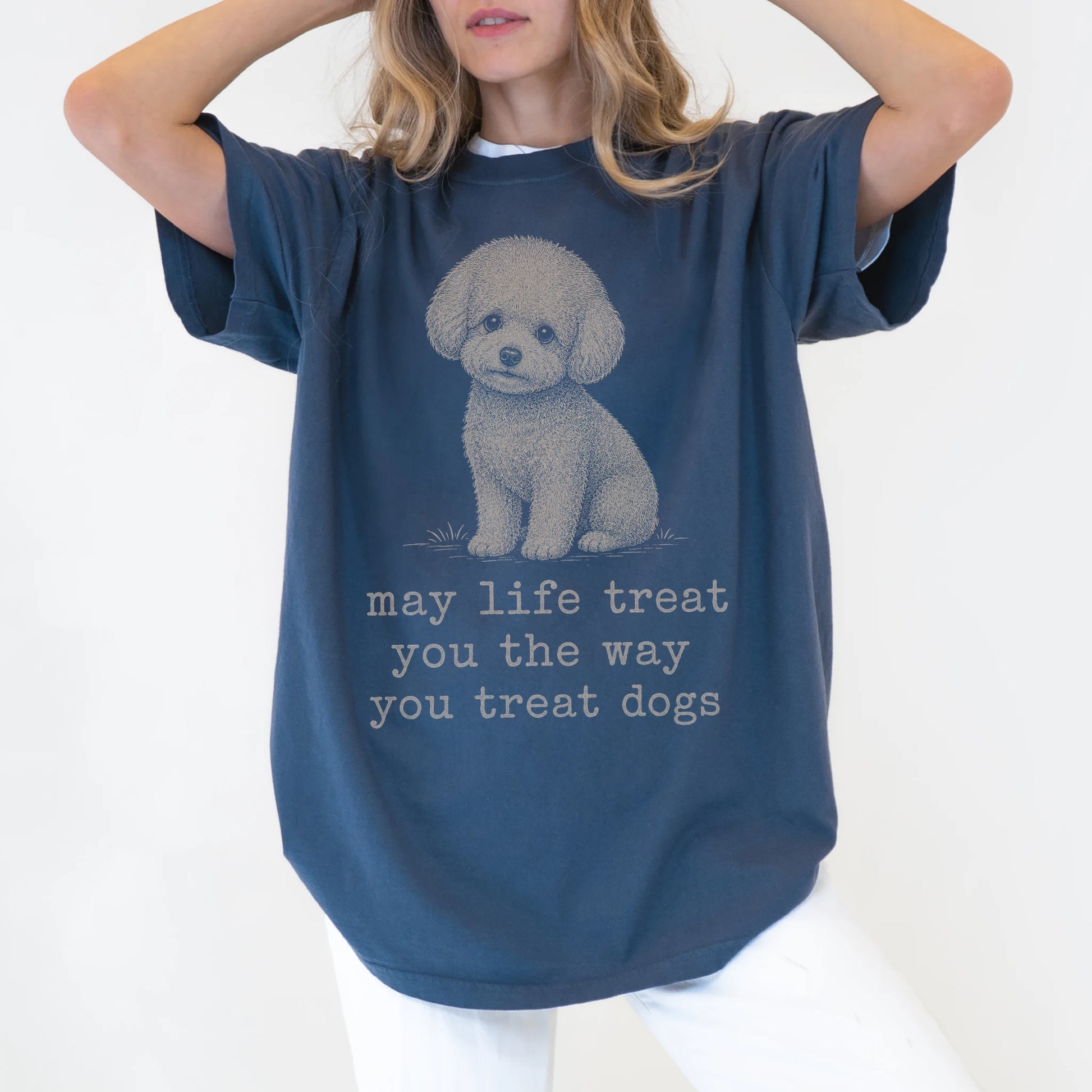Woman wearing a Denim Bichon Frise Karma T-Shirt