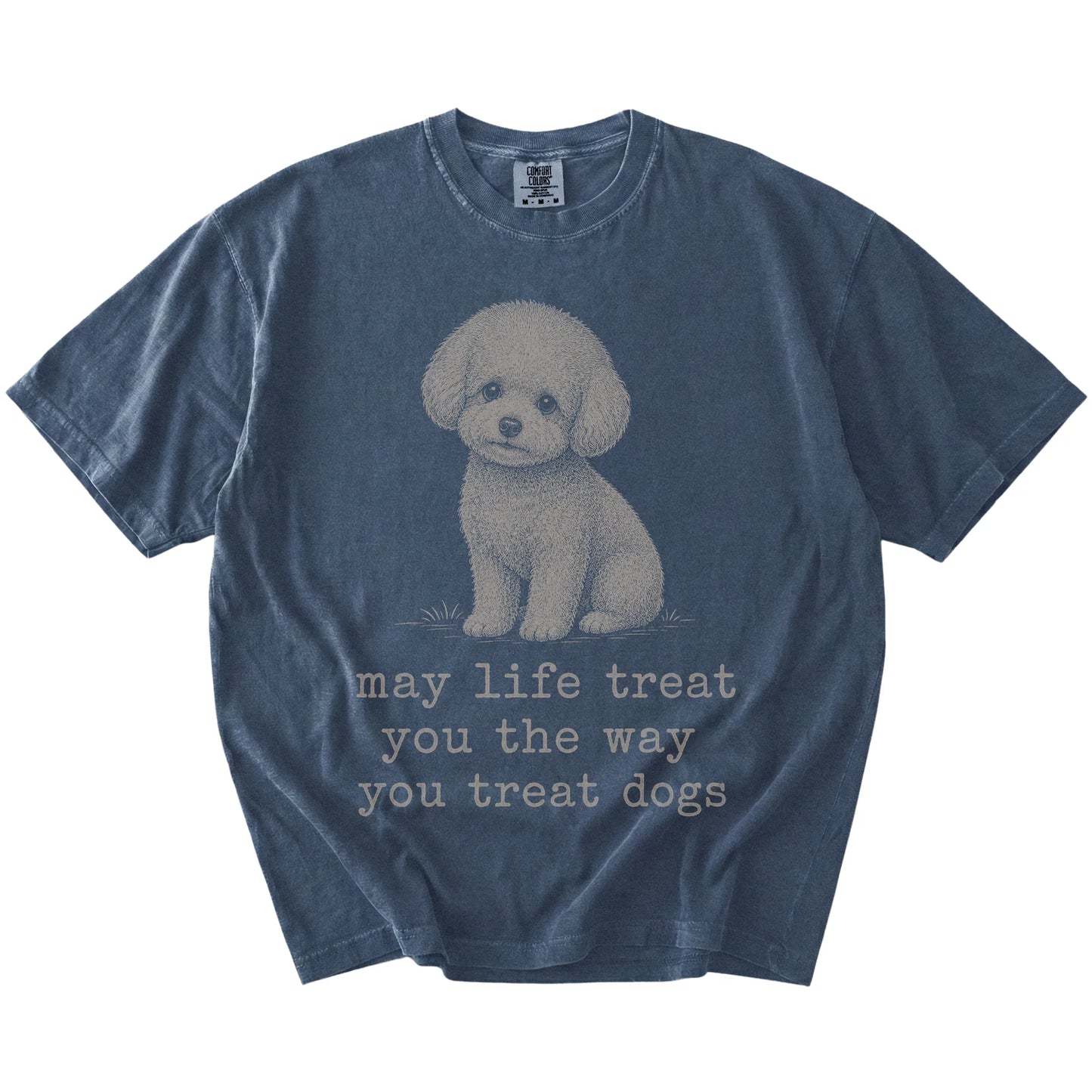 Denim Bichon Frise Karma T-Shirt laid flat