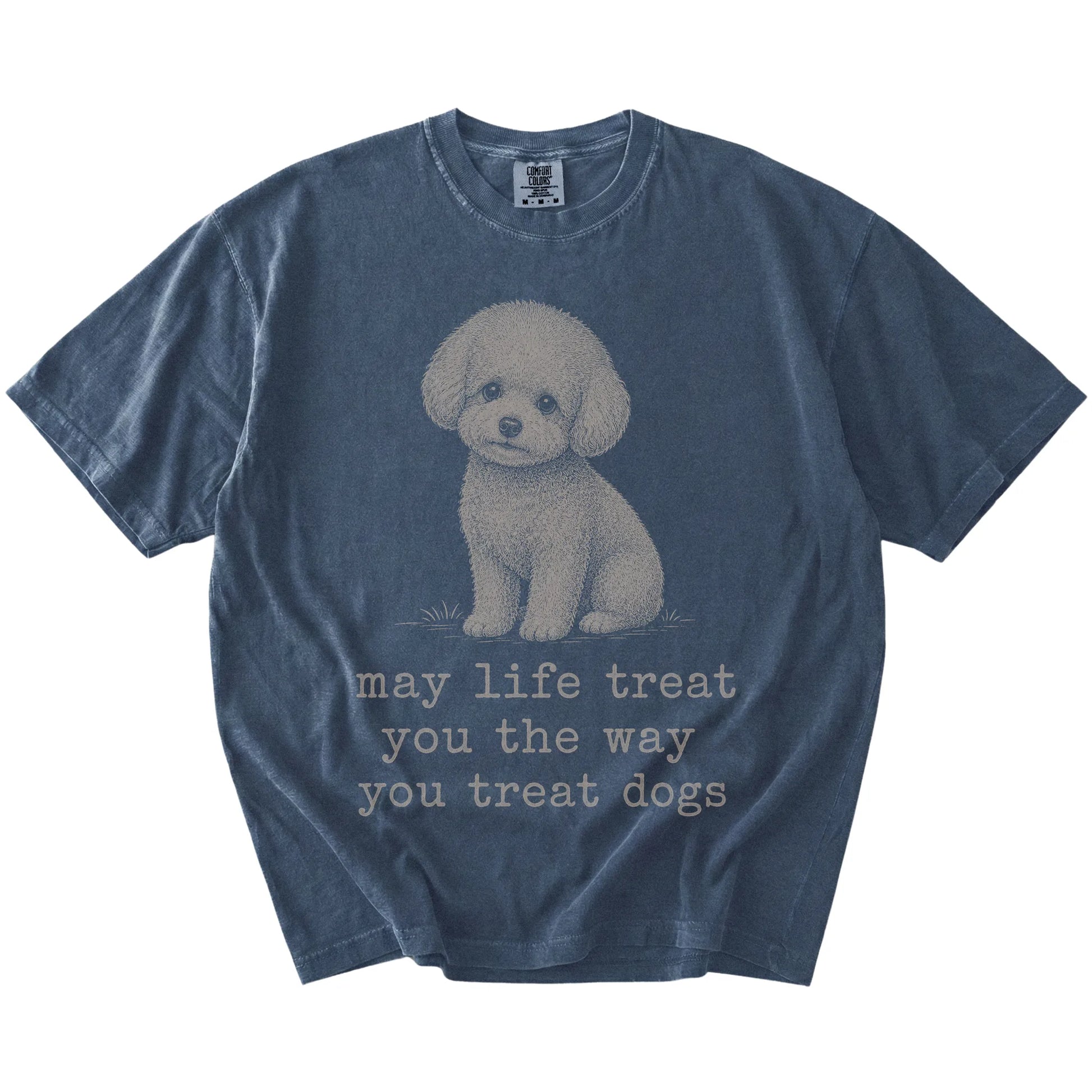 Denim Bichon Frise Karma T-Shirt laid flat