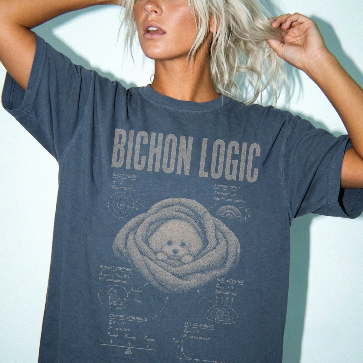 Woman wearing a Denim Bichon Frise Logic T-Shirt