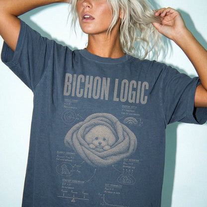 Woman wearing a Denim Bichon Frise Logic T-Shirt