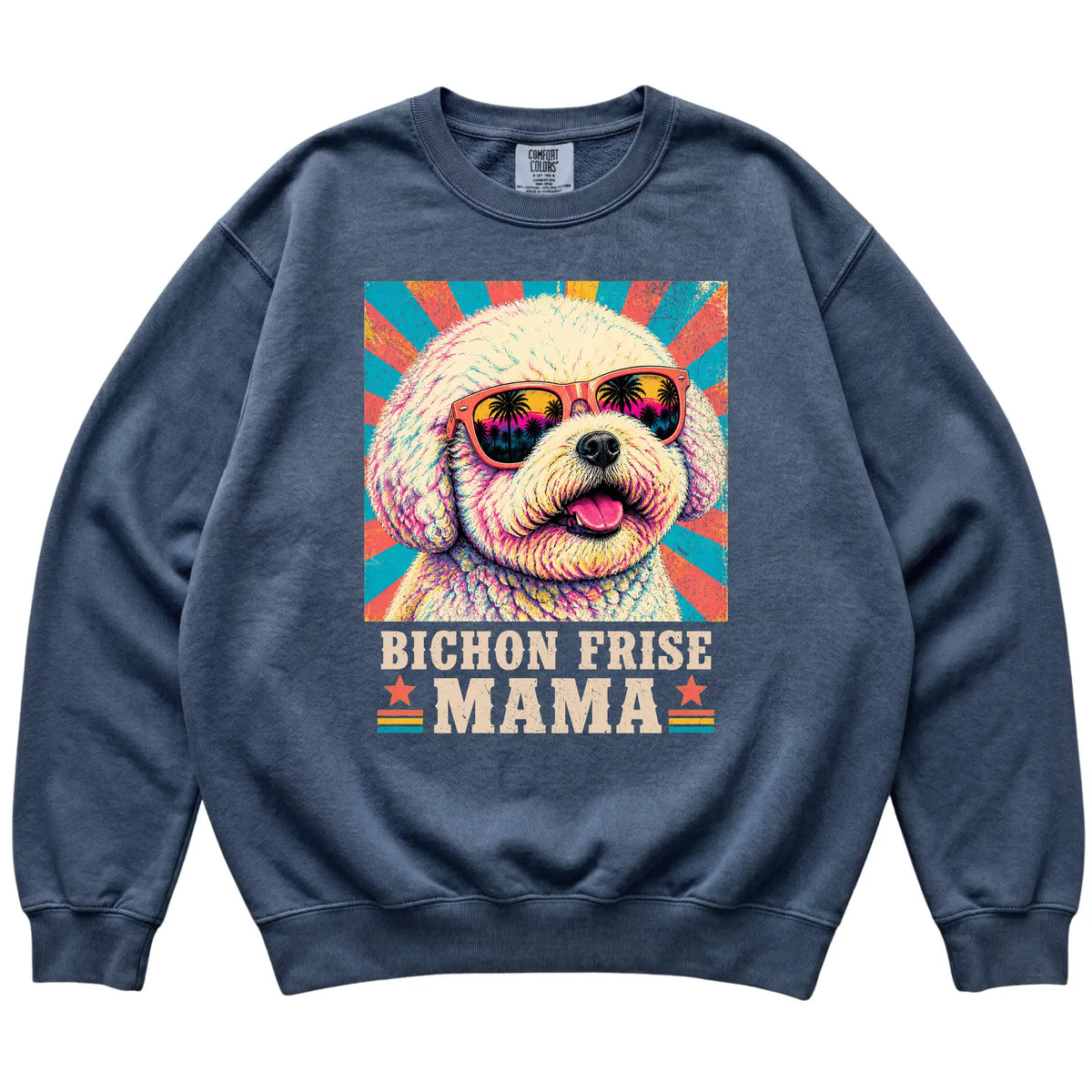 Retro Bichon Frise Mama design on a Denim Comfort Colors sweatshirt
