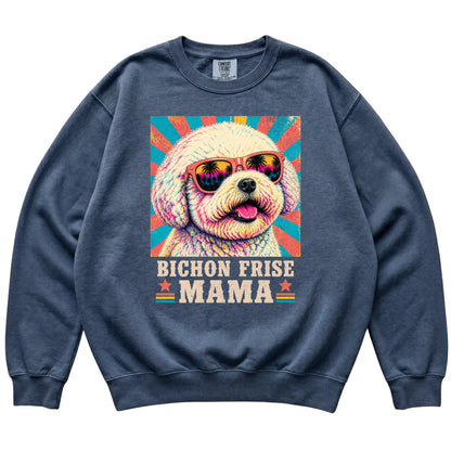 Retro Bichon Frise Mama design on a Denim Comfort Colors sweatshirt