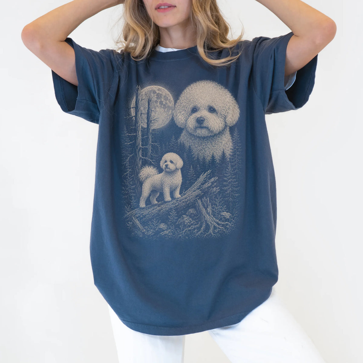Woman wearing a Denim Bichon Frise Moonlit Forest T-Shirt