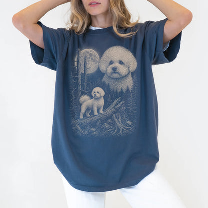 Woman wearing a Denim Bichon Frise Moonlit Forest T-Shirt