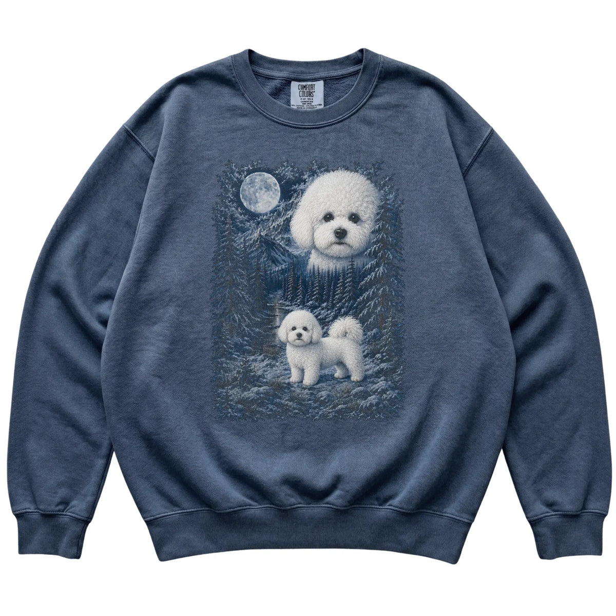 denim sweatshirt with Bichon Frise Winter Moon artwork.