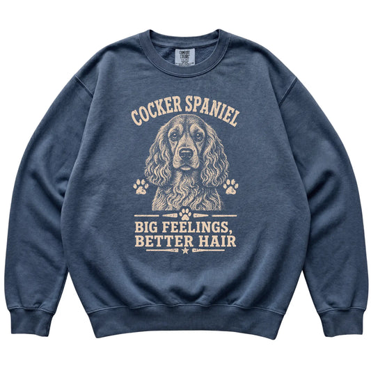 Denim Comfort Colors® sweatshirt featuring Big Feelings, Better Hair - Cocker Spaniel, laid-flat presentation